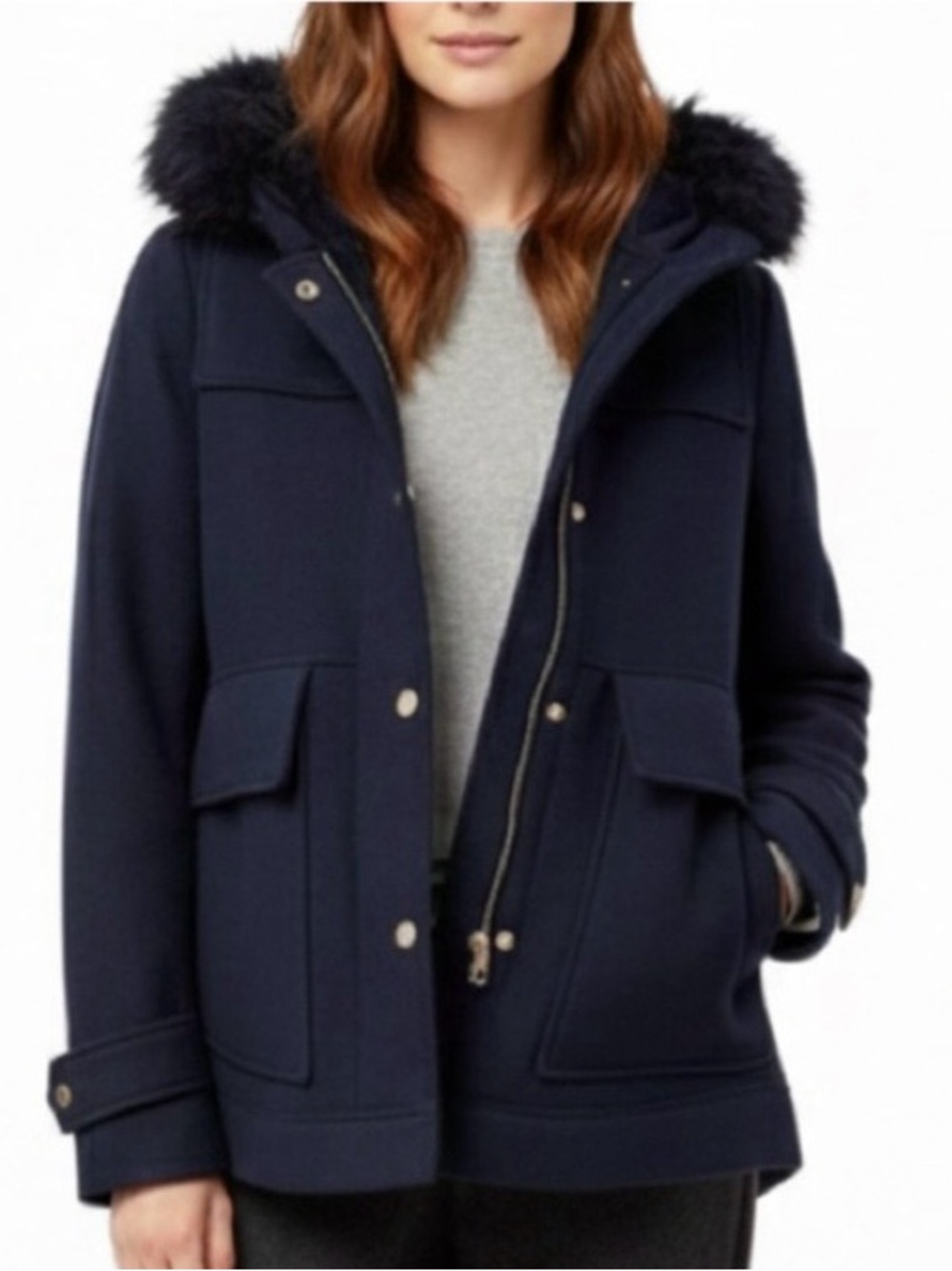 Zara Sz S Dark Blue Chore Jacket Removable Fur Lined Hood